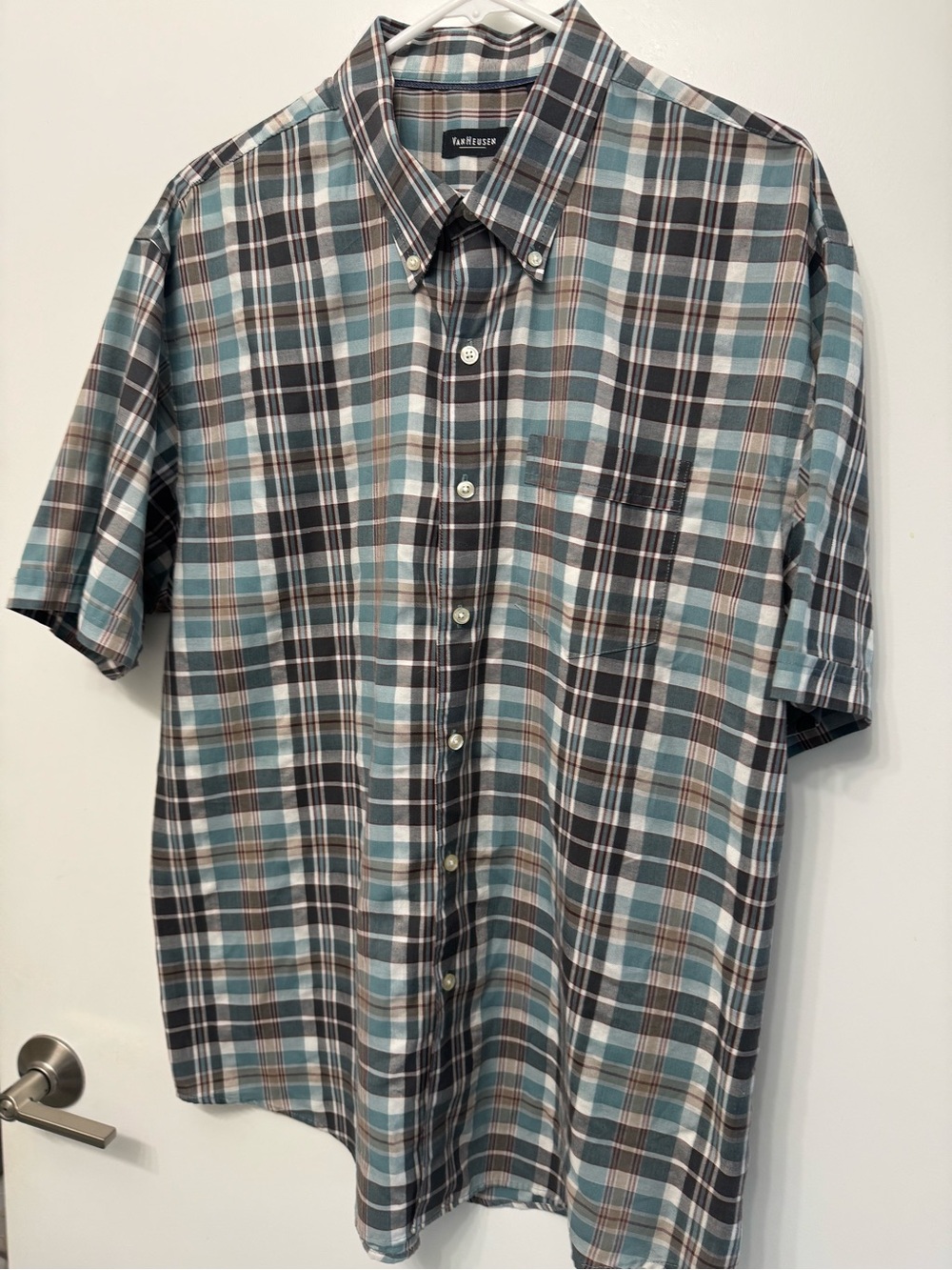 Van Heusen Plaid Short-Sleeve Button-Down Shirt in Teal, Gray and Brown